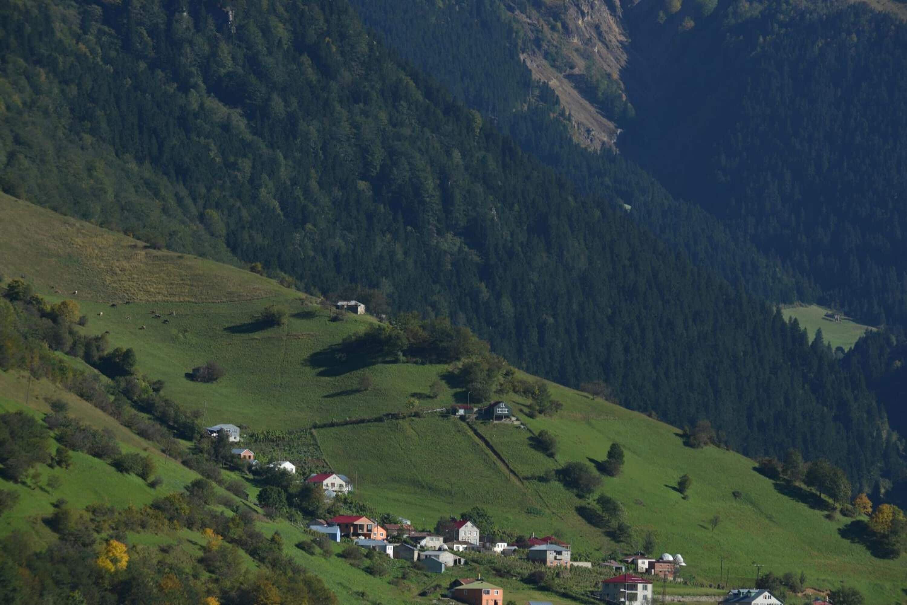 Un village perché sur une colline, avec des maisons et une petite église.