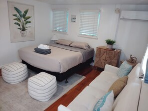 1 bedroom, desk, iron/ironing board, travel cot