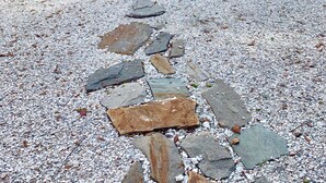 Un sentier composé de pierres de formes irrégulières traverse un espace aménagé, agrémenté de petites plantes et d’arbres.