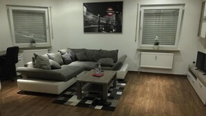 En moderne stue med en grå modulsofa, et sofabord og en sort-hvid måtte. To vinduer med rullegardiner, en radiator og et fjernsyn på et stativ.