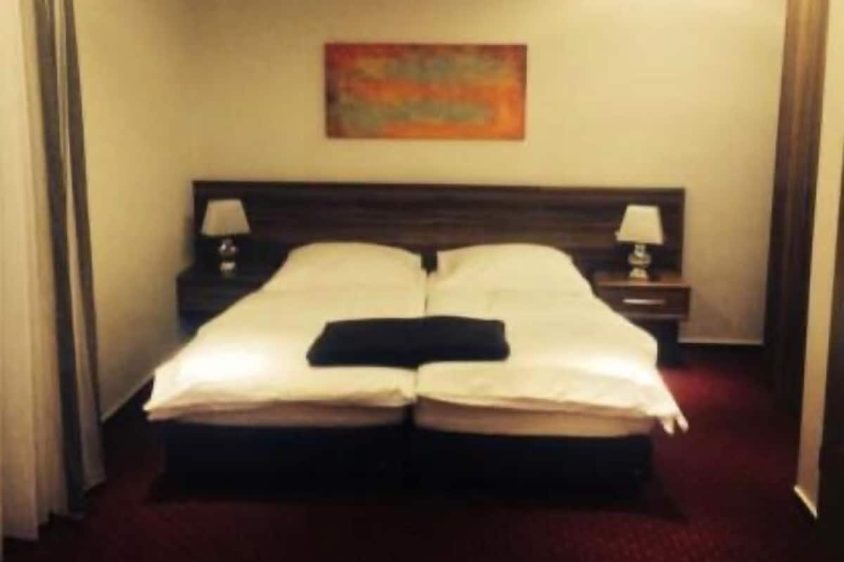 Habitación de hotel con cama doble, dos mesitas de noche con lámparas, un cuadro en la pared y alfombra roja.