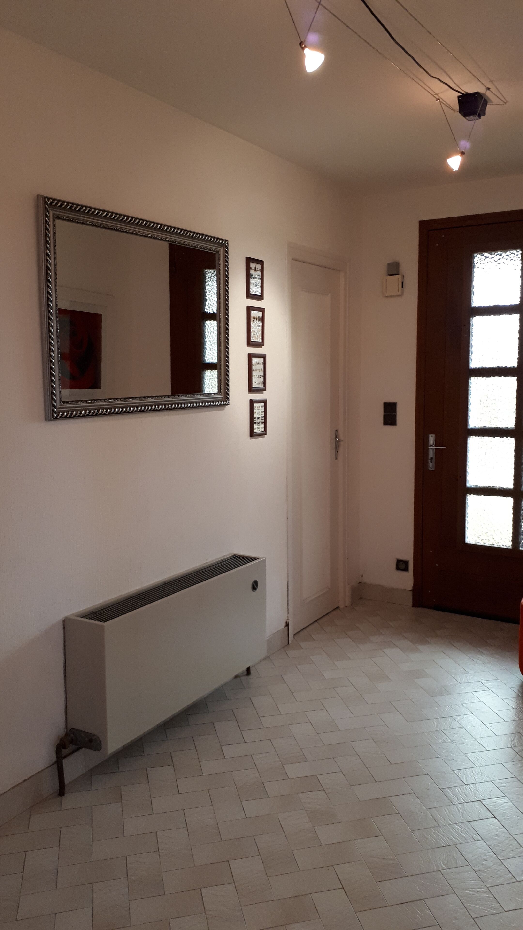 A hallway with a large mirror, a radiator, and a door with frosted glass panels.