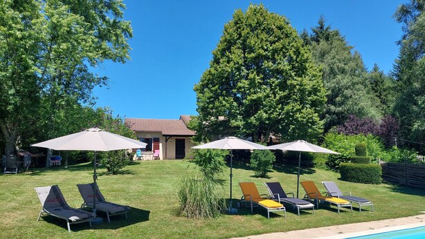 A pool area with lounge chairs and umbrellas, surrounded by trees and a building in the background.