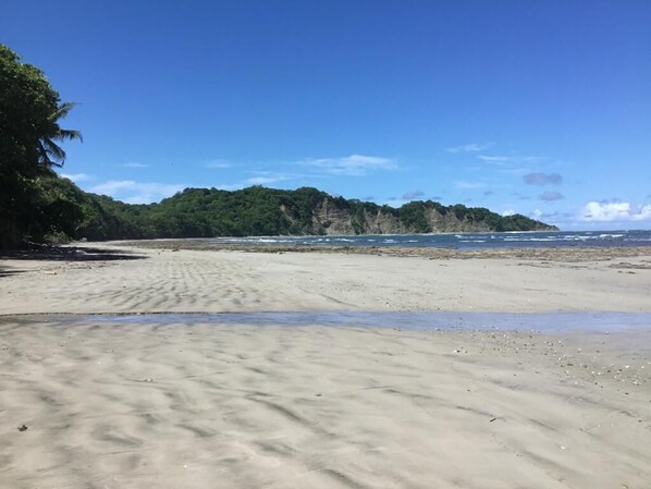 A sandy beach with a clear sky and a forested hill in the background.