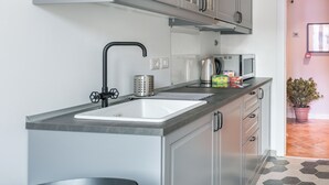 A modern kitchen with grey cabinets, a stainless steel sink, and a black faucet. There is a microwave, kettle, and a potted plant on the counter. - Al Garibaldino Rooms (Trieste)