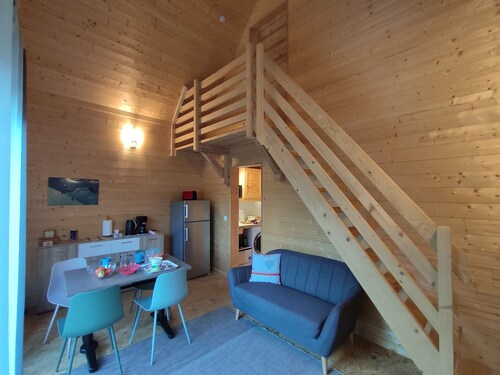 Small brand new wooden chalet on 2 levels with terrace