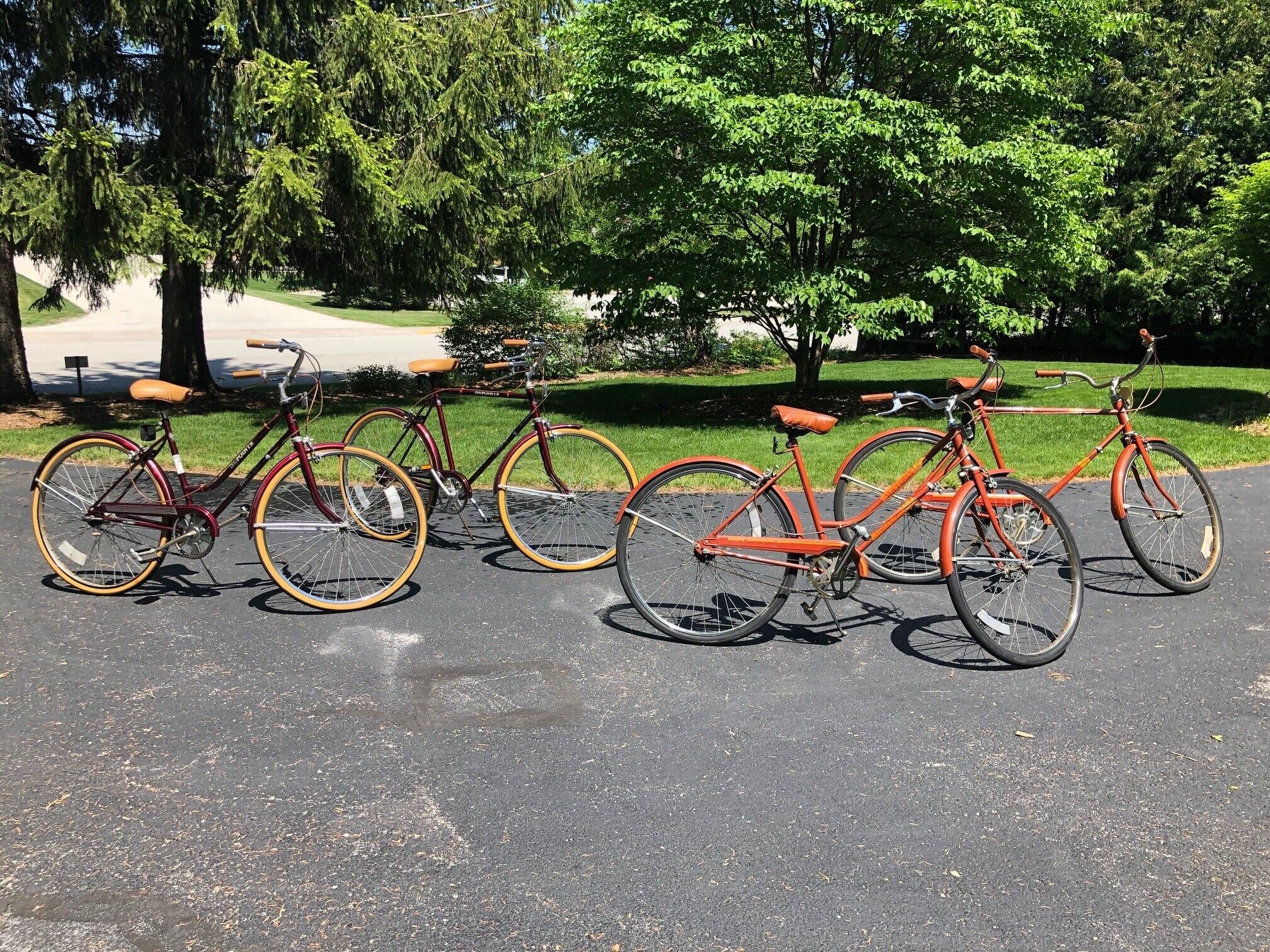 A row of bicycles parked on a paved surface with trees and grass in the background.