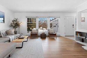 Smart TV, fireplace, books