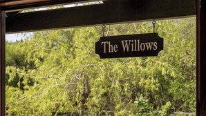 A sign reading 'The Willows' hanging from a window, with a view of a tree and a bench outside. - The Willows - Woodland Cottage with Log Burner (Christchurch)
