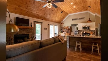 TV connectée, cheminée, livres