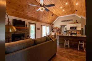 Smart TV, fireplace, books
