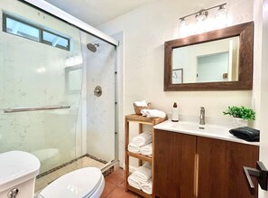 Shower, hair dryer, towels, soap