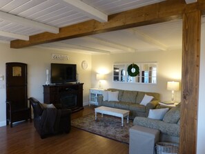 Smart TV, chimenea, reproductor de DVD y libros