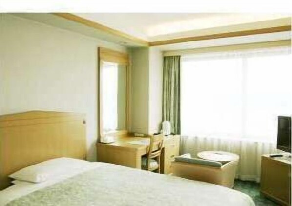 Una habitación de hotel con cama, escritorio, silla, televisor y ventana con cortinas.