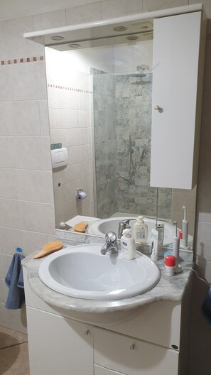 A bathroom with a white sink, a mirror, a shower, and a towel rack.
