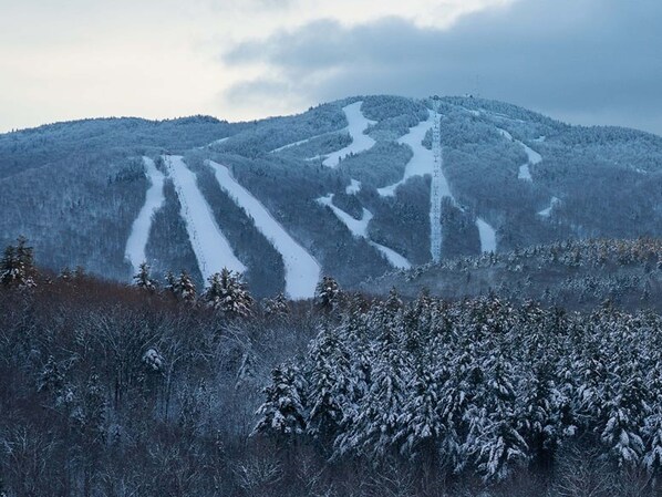 A snow-covered mountain landscape with ski trails. - Brook Road Condo (Goshen)