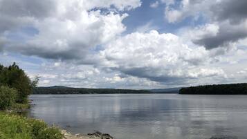 Un lac paisible, bordé d’une rive rocheuse, avec une forêt dense en arrière-plan.