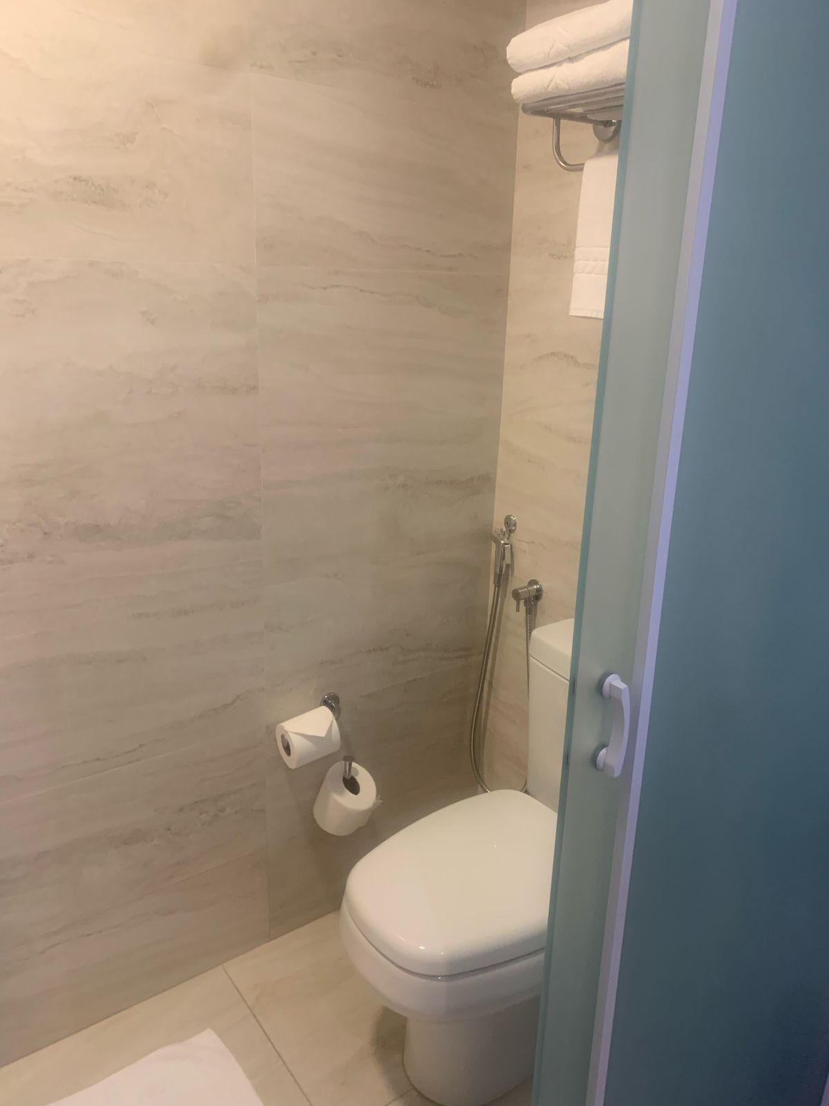 Un baño con inodoro, ducha y toallero.