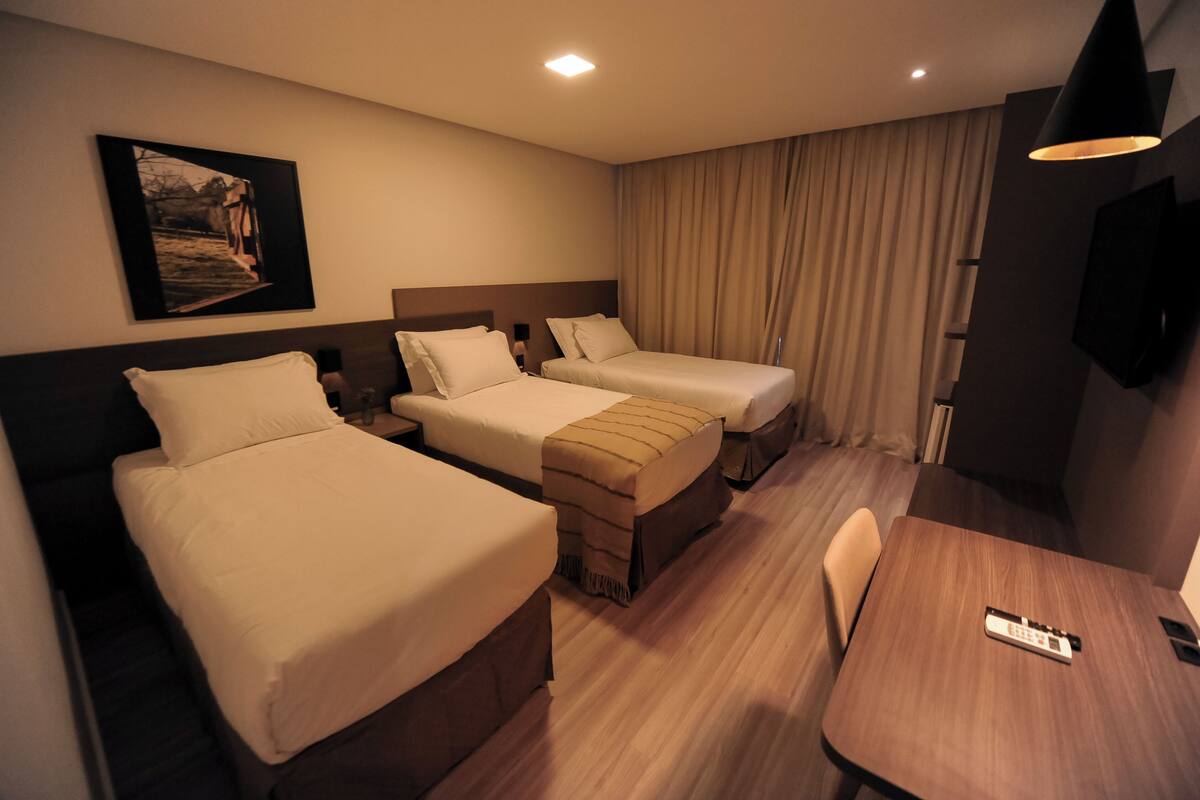 Habitación de hotel con dos camas, un escritorio, una silla, un televisor y un cuadro en la pared.