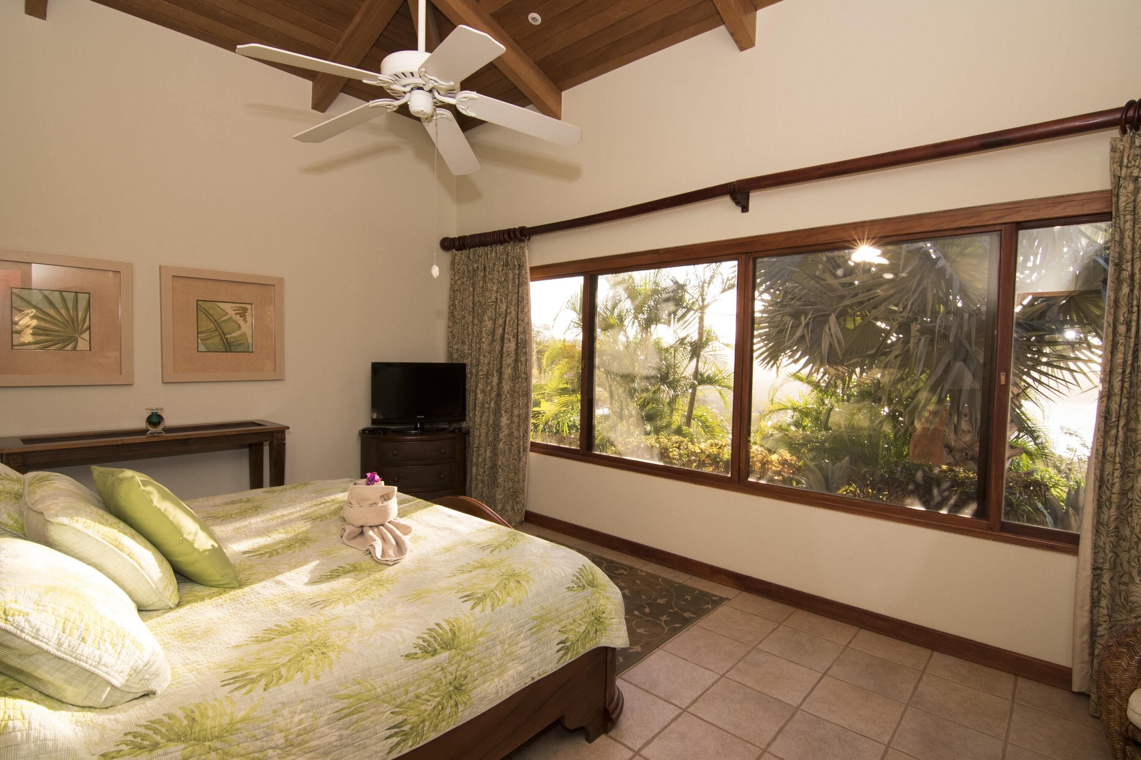 A bedroom with a bed, a ceiling fan, a TV, and a large window with a view of palm trees.