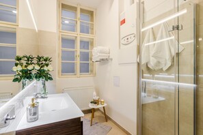 Shower, hair dryer, towels, soap