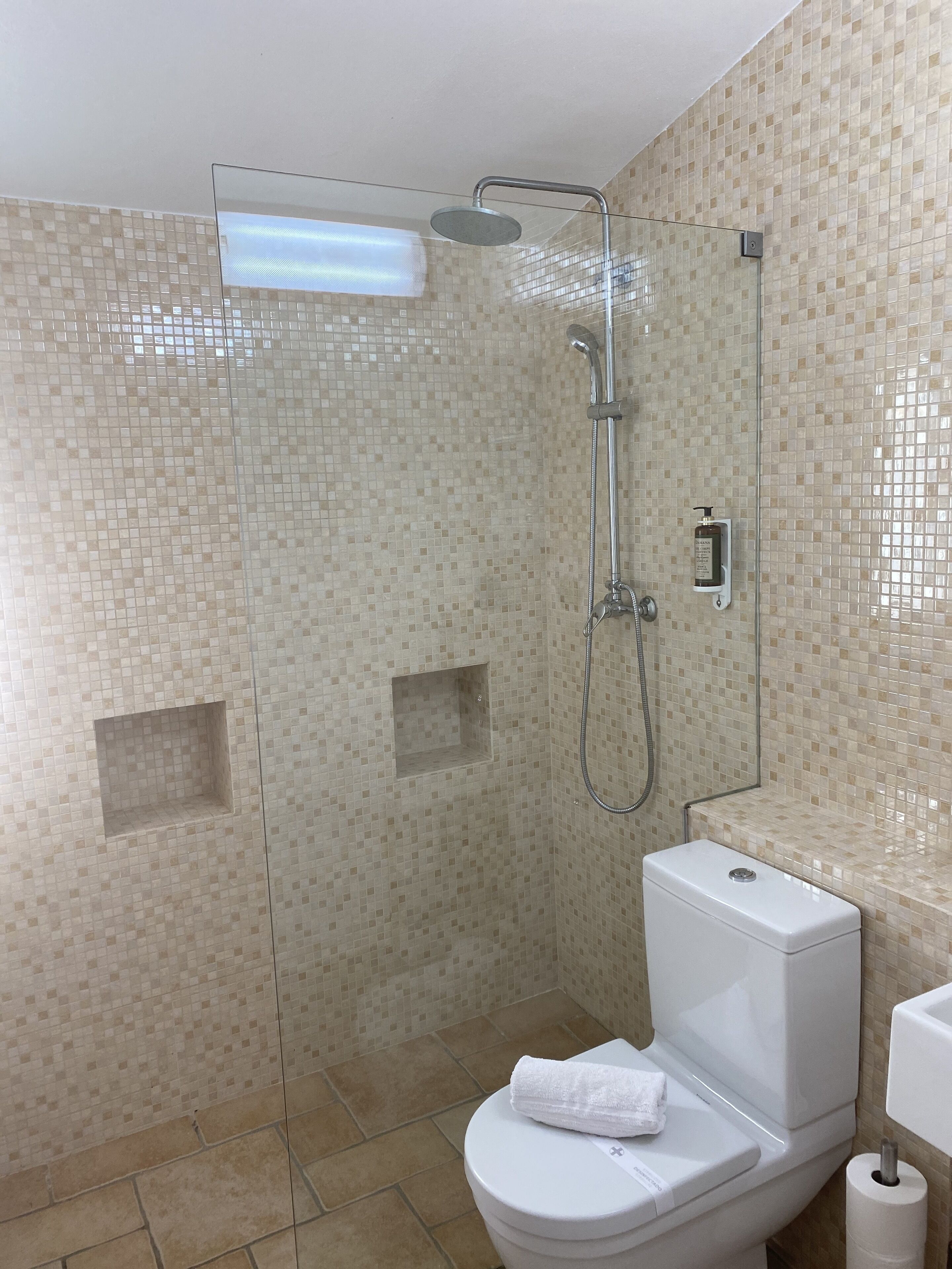 A bathroom with a shower, toilet, and a tiled wall.