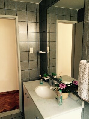 Hair dryer, shampoo, toilet paper