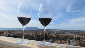 Two wine glasses with red wine on a ledge overlooking a cityscape with buildings and mountains in the distance. - Casa Martina Appartamento Panoramico (Terracina)