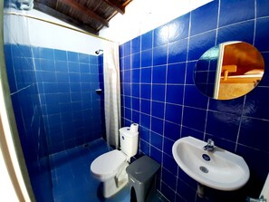 Bathroom with a toilet, sink, and shower area.