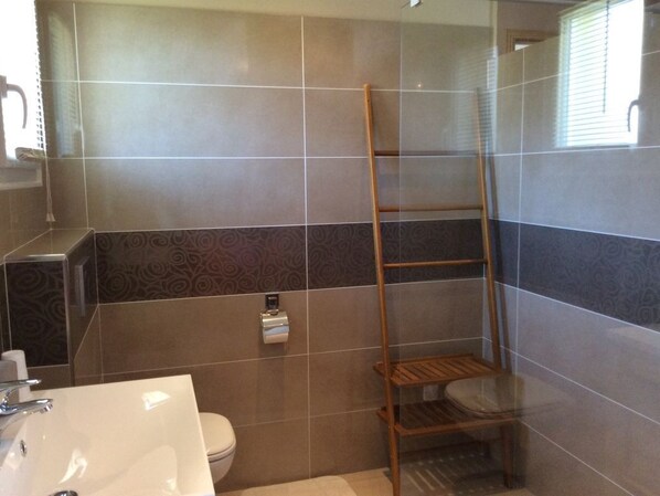 Combined shower/bathtub, towels, soap, shampoo