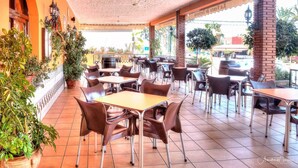 Un café al aire libre con mesas y sillas, rodeado de plantas en macetas y un piso de baldosas.