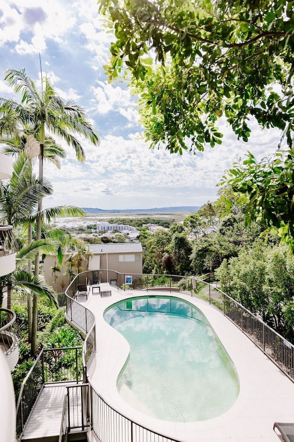 A curved infinity pool with a view of a cityscape and palm trees.