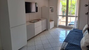 A room with a bed, a TV, a small kitchenette, and a sliding glass door leading to an outdoor area.