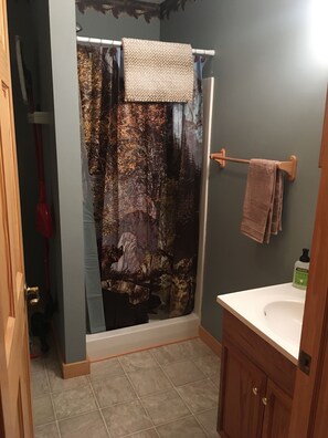 Bañera, secador de pelo, jabón, shampoo