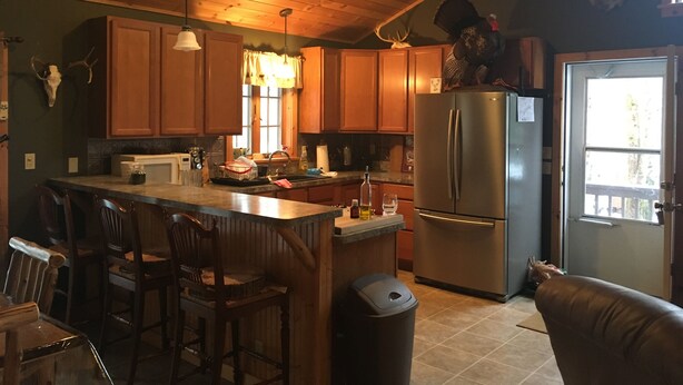 A cabin-style kitchen with wooden cabinets, a large island with bar stools, a stainless steel refrigerator, and a deer head mounted on the wall. - Adirondack Experience (Old Forge)
