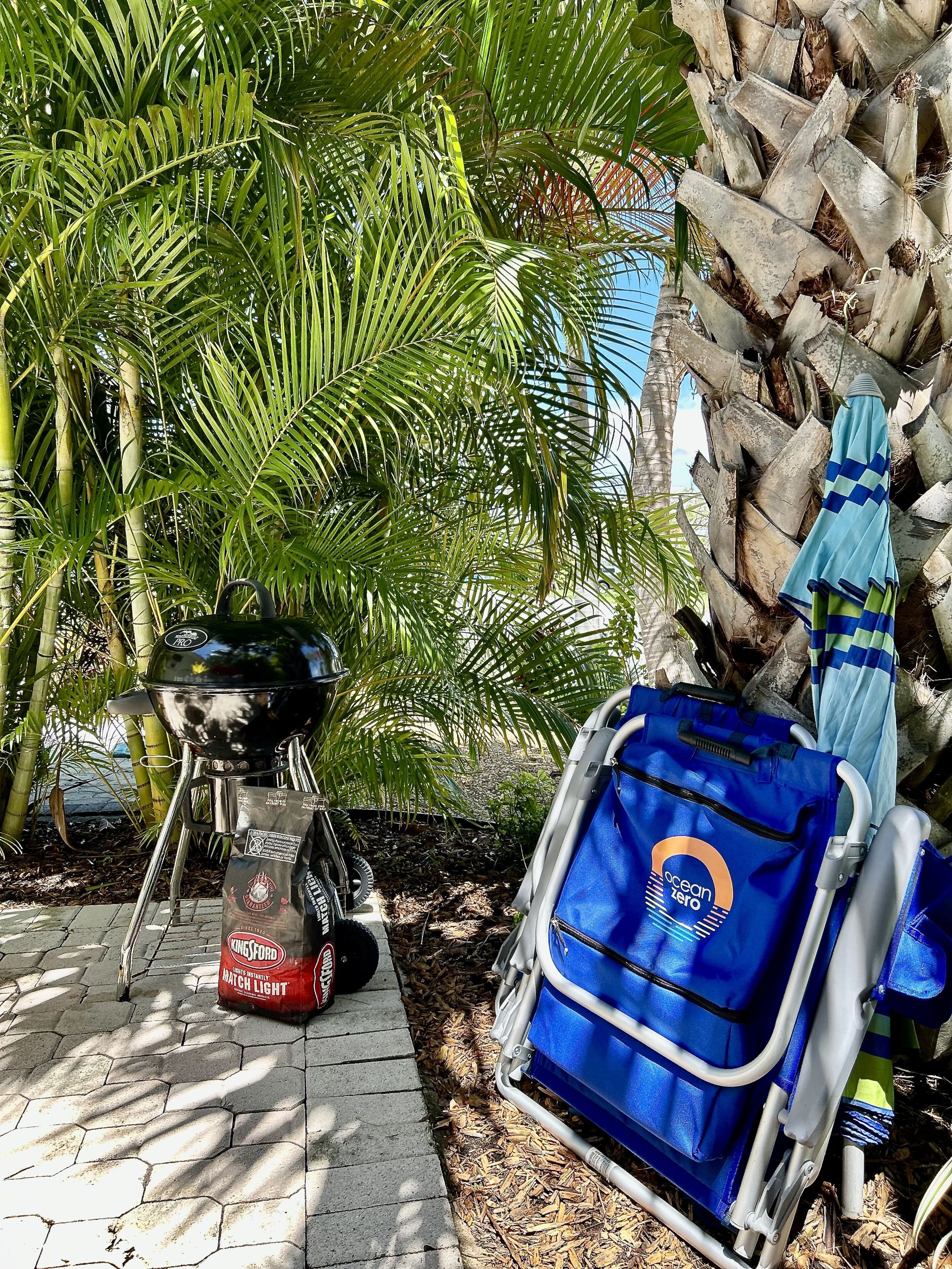 A barbecue grill, a bag of charcoal, and a blue beach chair with a towel next to a palm tree.
