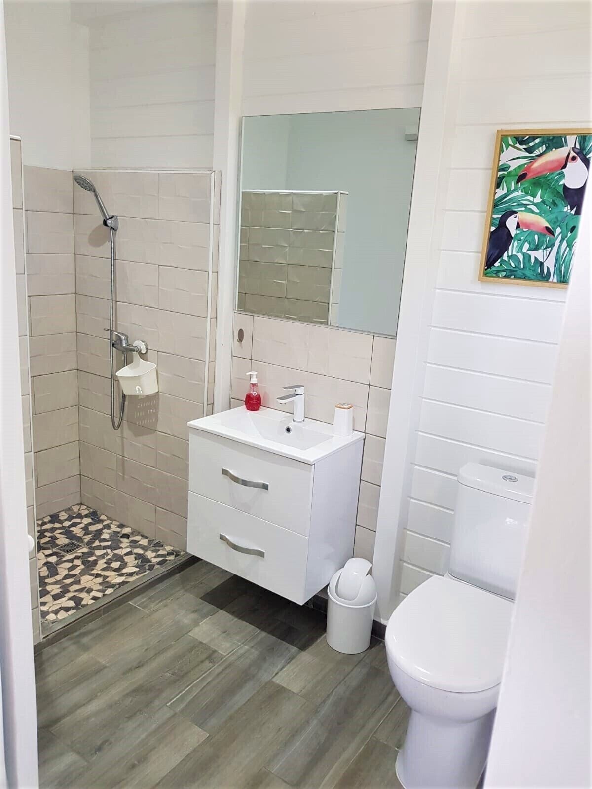 A bathroom with a shower, toilet, sink, and a mirror.