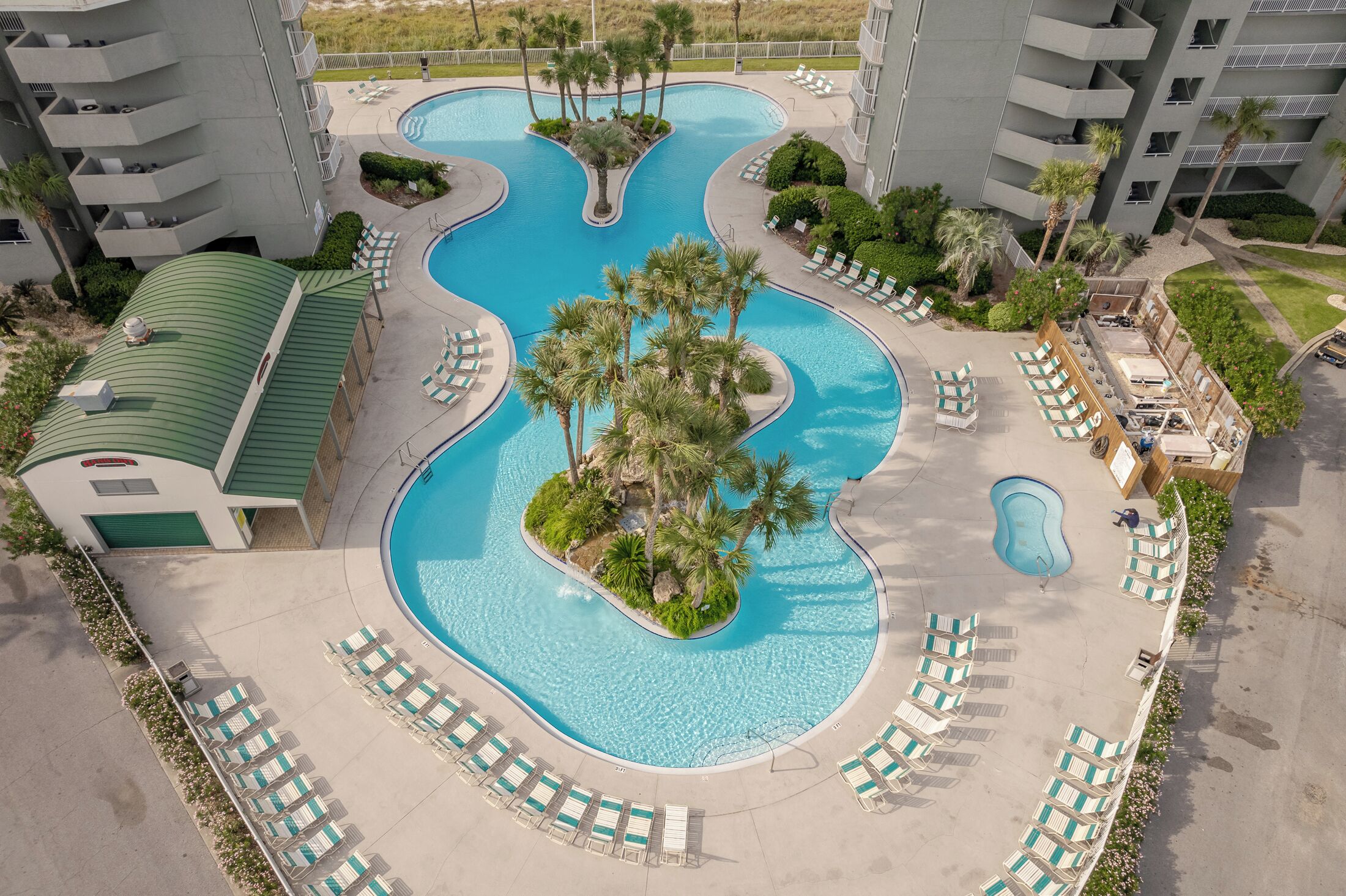 A swimming pool with multiple sections, surrounded by lounge chairs and palm trees.