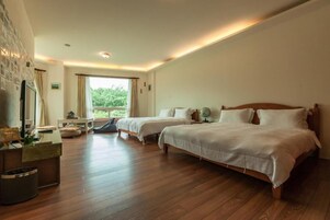 Habitación de hotel con dos camas, un escritorio, un televisor y una ventana con vistas a zonas verdes.