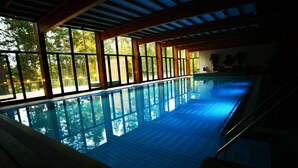 Una piscina interior con paredes de vidrio transparente, vigas de madera y suelo de baldosas.
