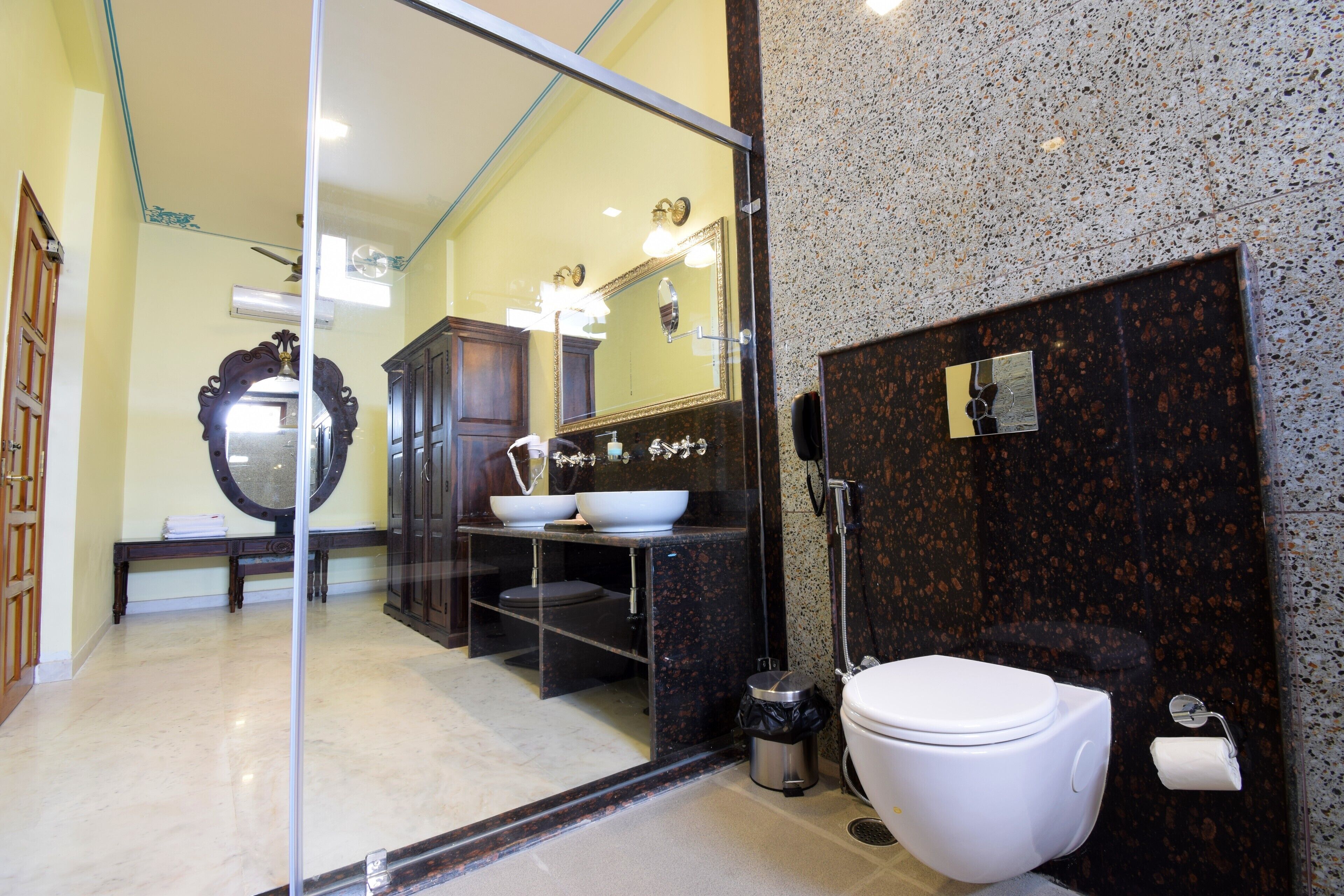 A modern bathroom with a glass partition, a white toilet, a sink with a large mirror, and a dark speckled wall.