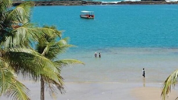 Une plage à l’eau d’un bleu limpide, bordée d’un brise-lames rocheux et de palmiers.