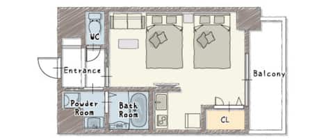 Distribución de una habitación de hotel con entrada, baño de cortesía, baño completo, dos dormitorios, balcón y armario.