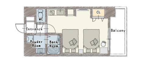 A hotel room layout with an entrance, powder room, bathroom, balcony, and a closet.