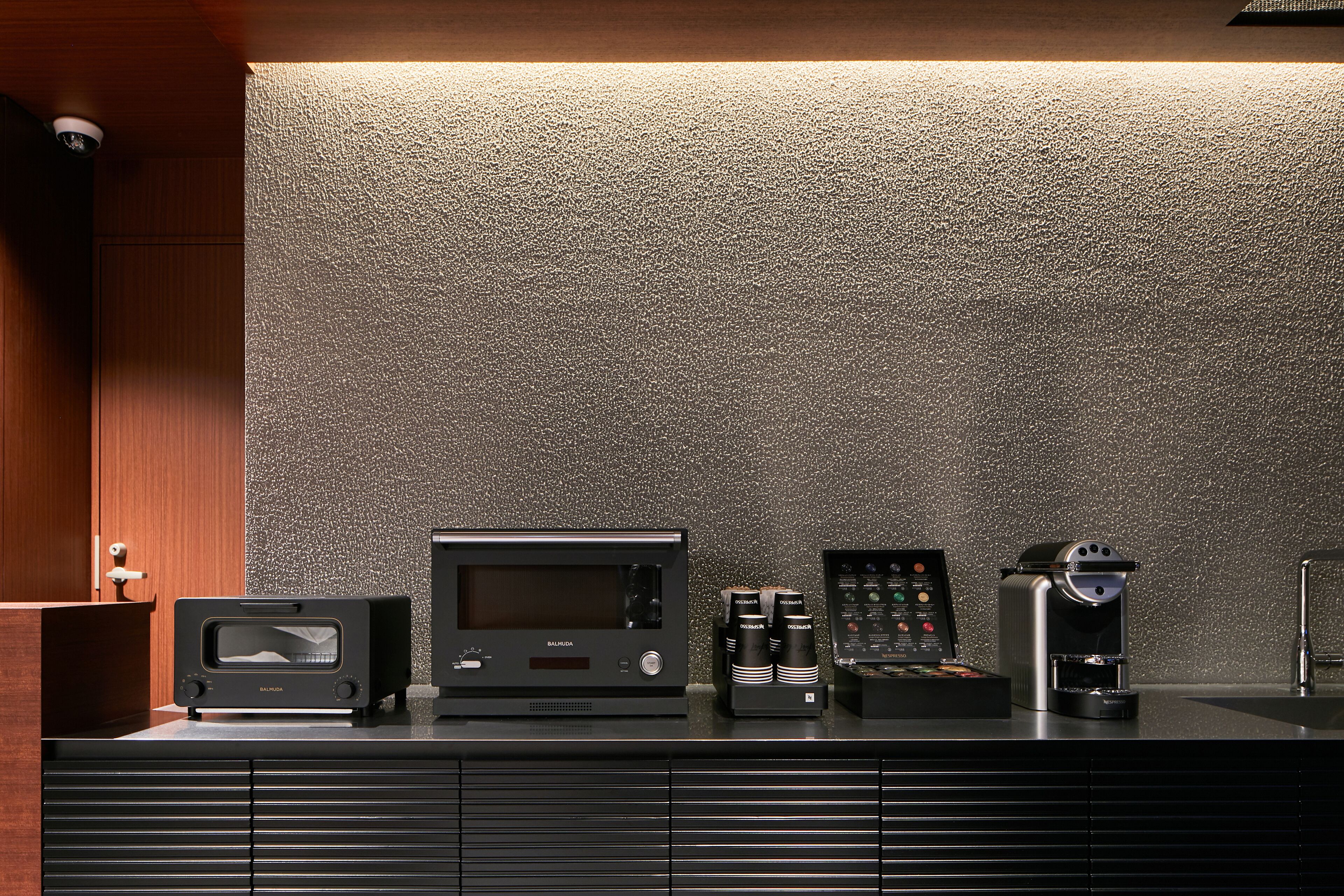 fridge, microwave, electric kettle