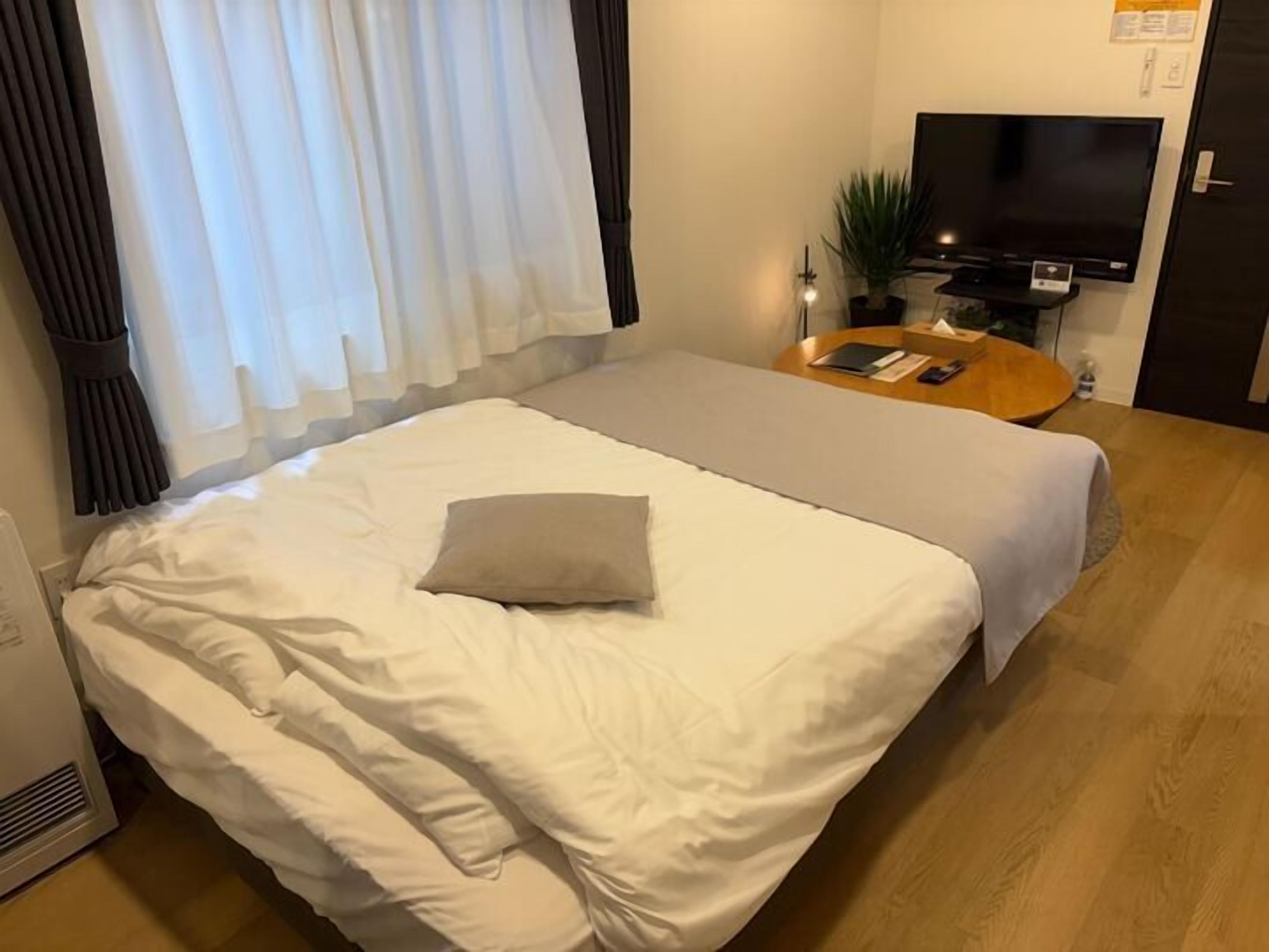 A neatly made bed with a pillow, a bedside table with a lamp, a TV, and a potted plant.