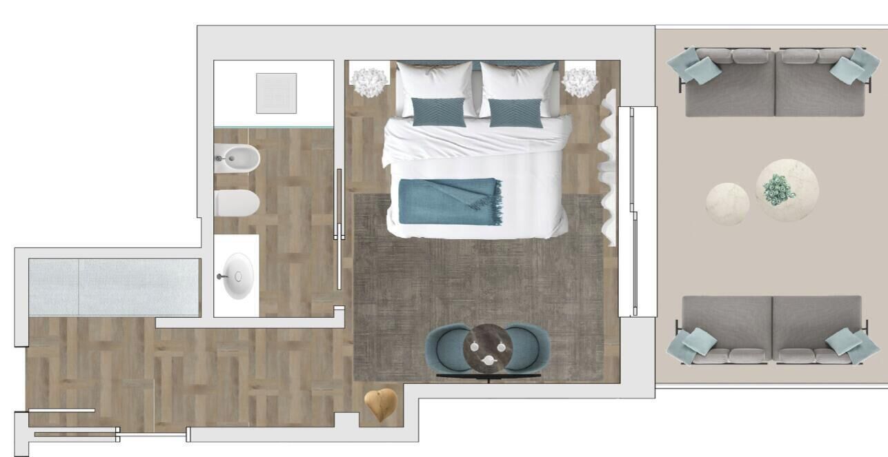 A bedroom with a bed, bedside tables, a desk, and a chair.