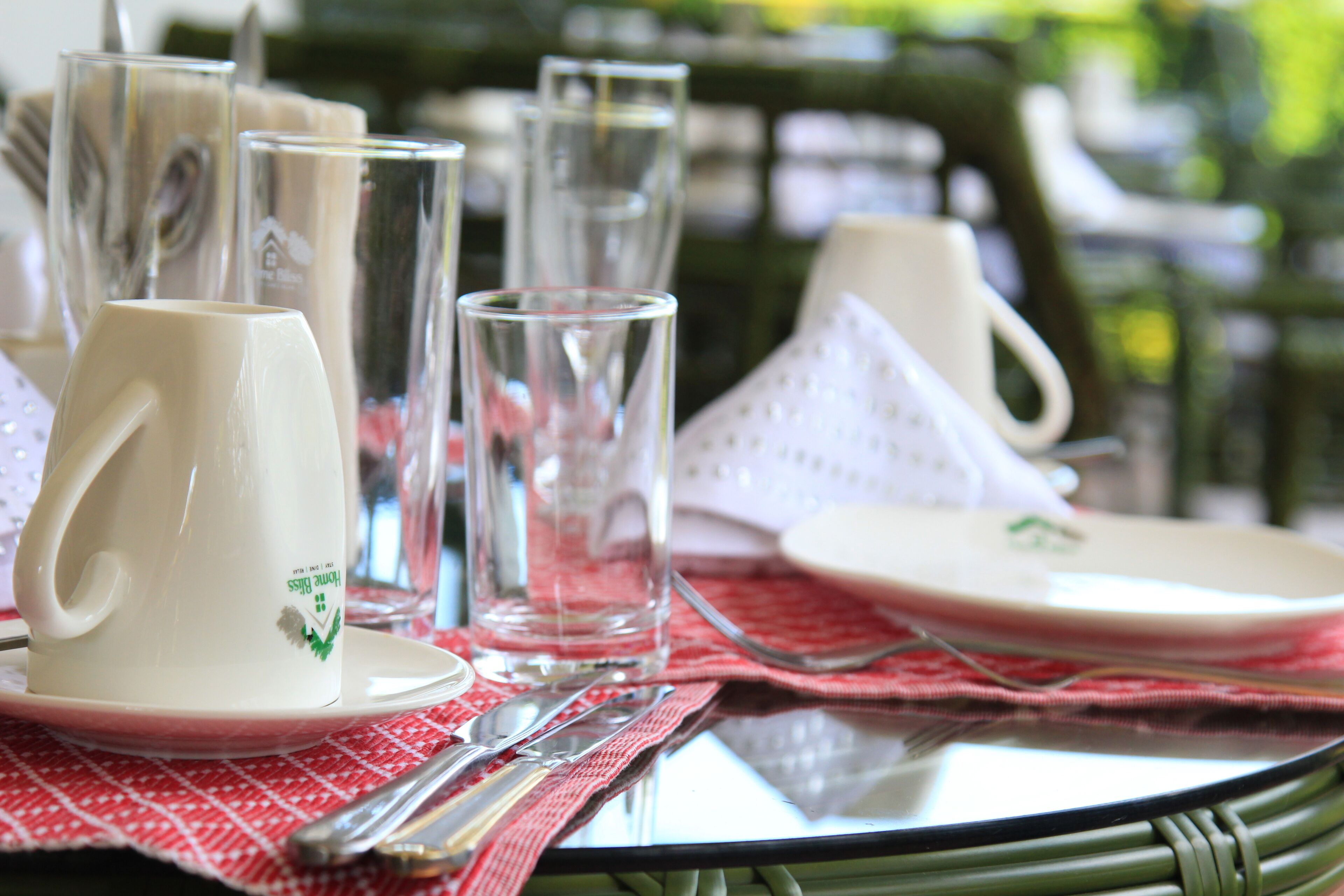 Una mesa servida con una taza blanca, vasos transparentes y una servilleta a cuadros rojo y blanco.