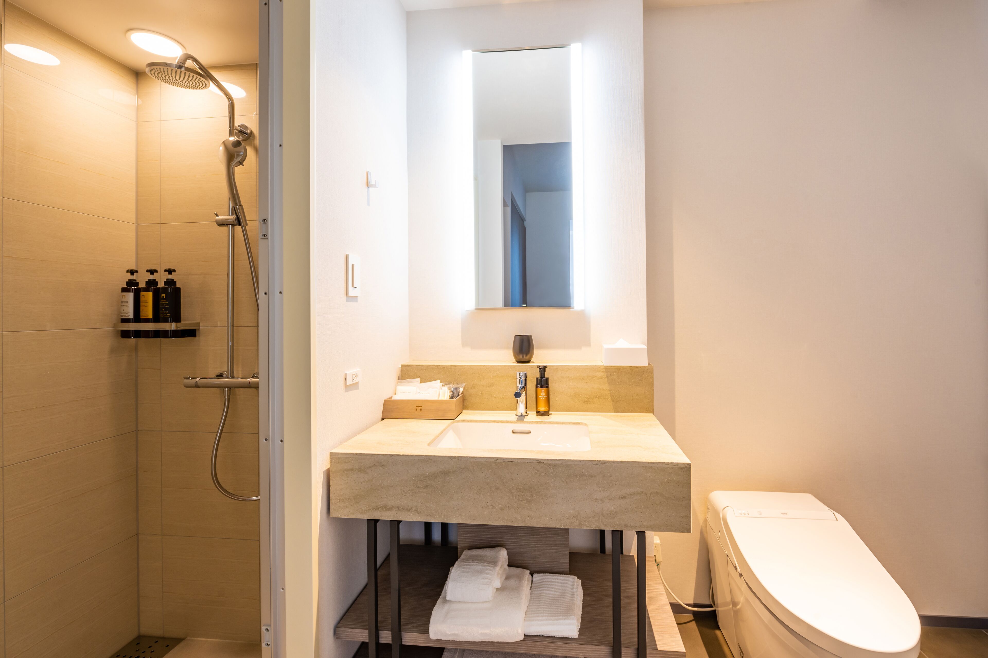 Une salle de bain moderne équipée d’une douche, d’un lavabo et de toilettes.