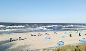 A beach with rows of beach chairs and umbrellas, a sandy shore, and the ocean in the background. - Villa Wald-Eck (Ueckeritz)